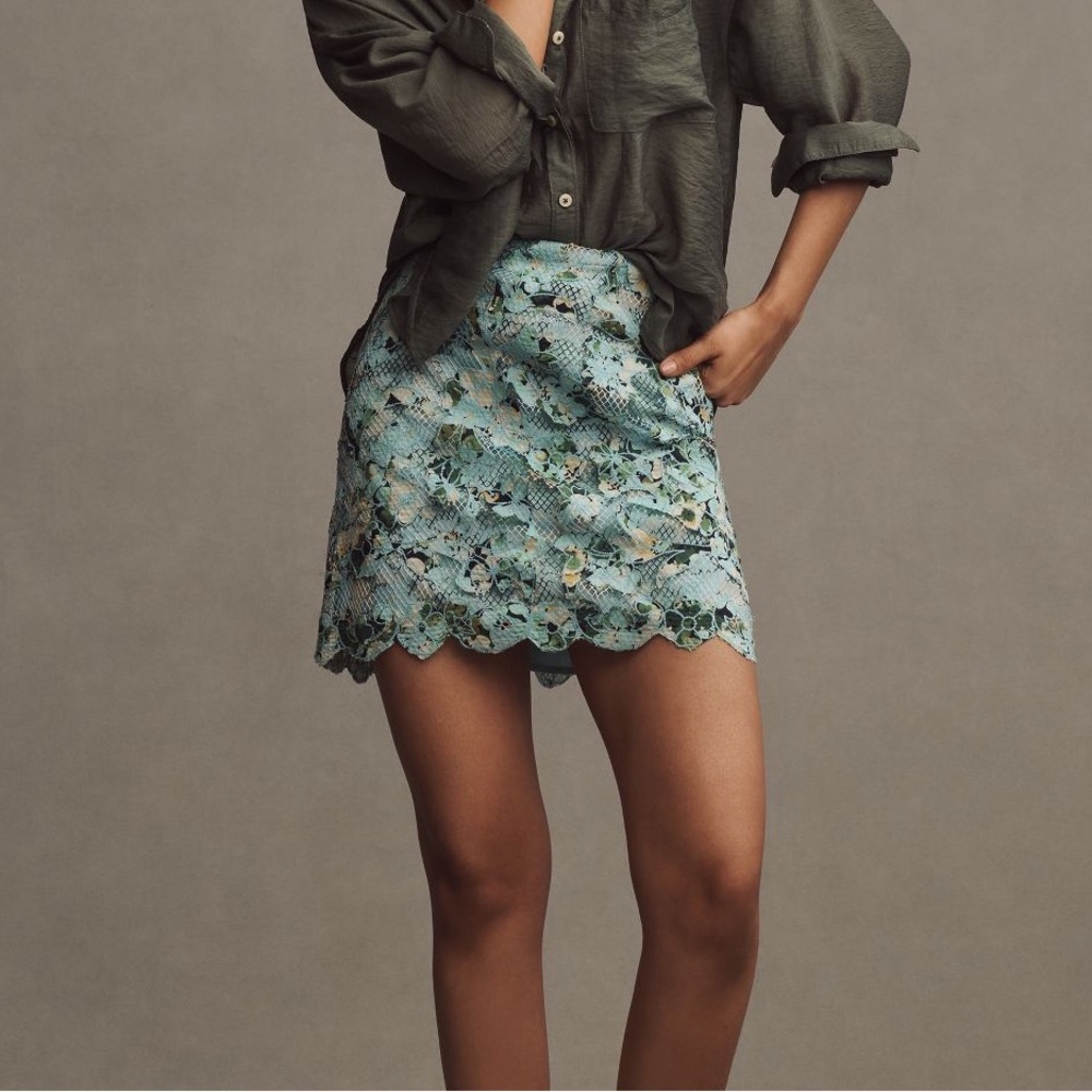 Anthropologie Blue Floral Lace Skirt